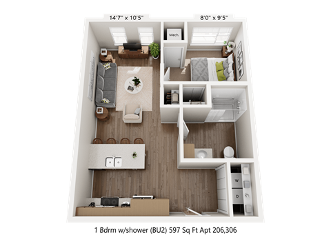 Floor plan for 1 bed, 1 bath, 597 sqft